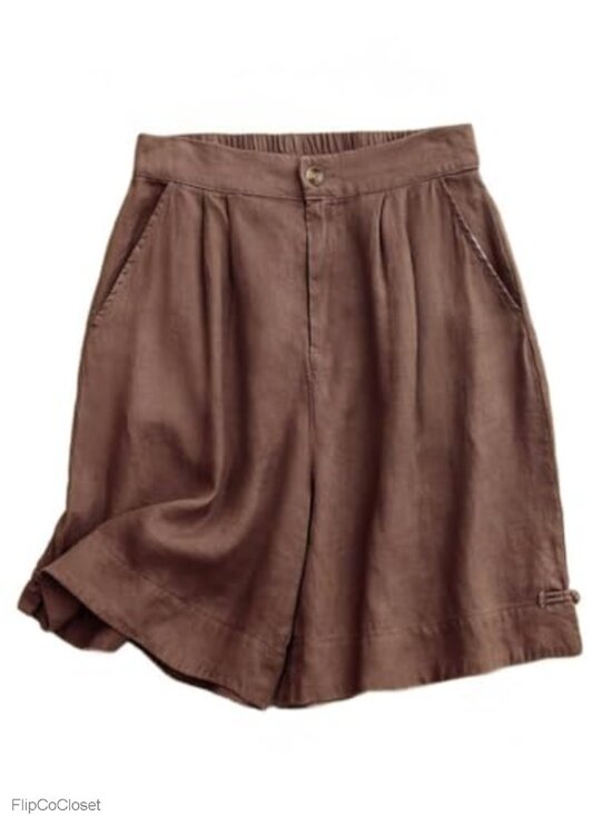 Pants - Wide Leg Linen Bermuda Shorts High Waisted Elastic with Pockets